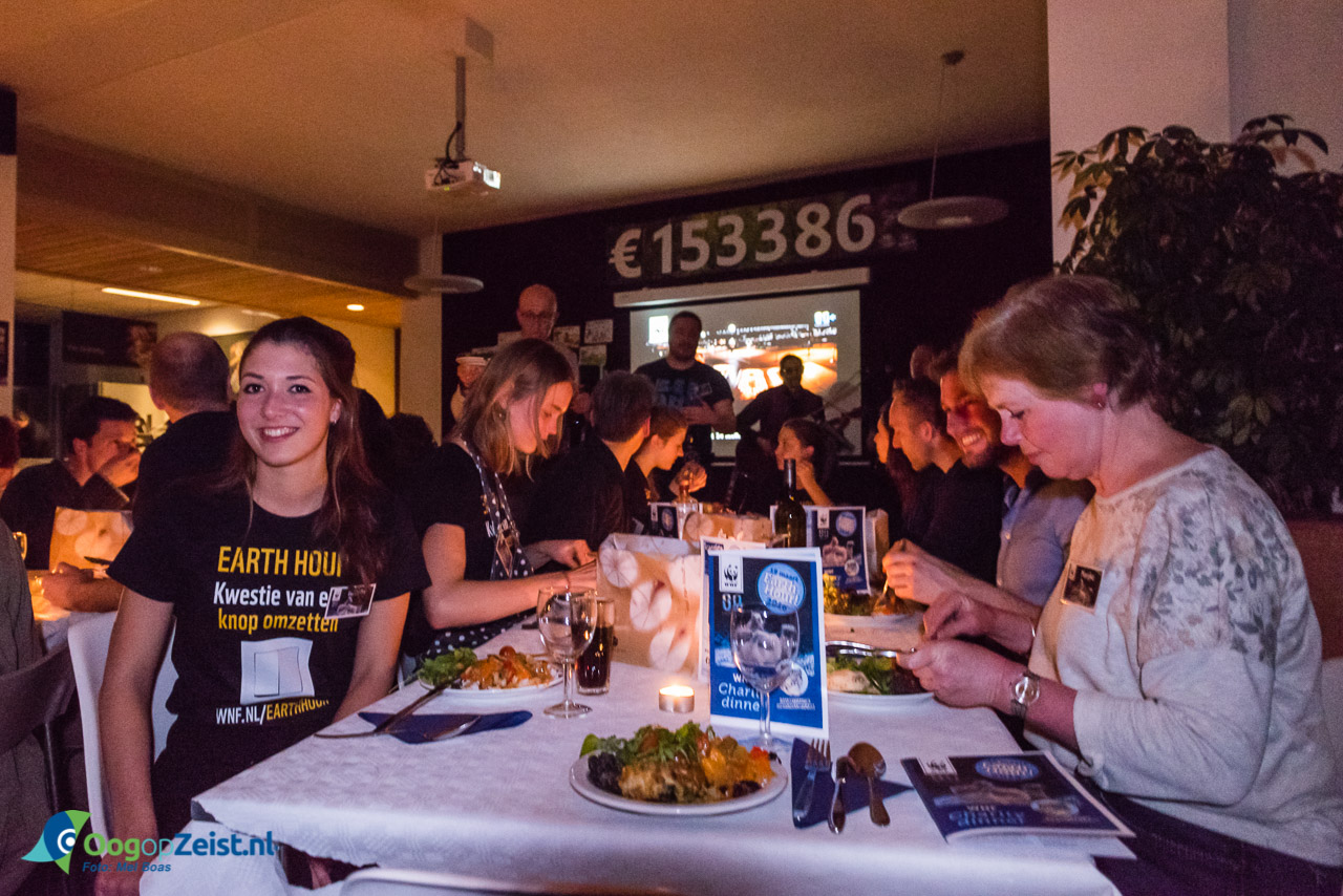 Dineren in het donker tijdens Earth Hour op het hoofdkantoor van het Wereld Natuurfonds (WNF)